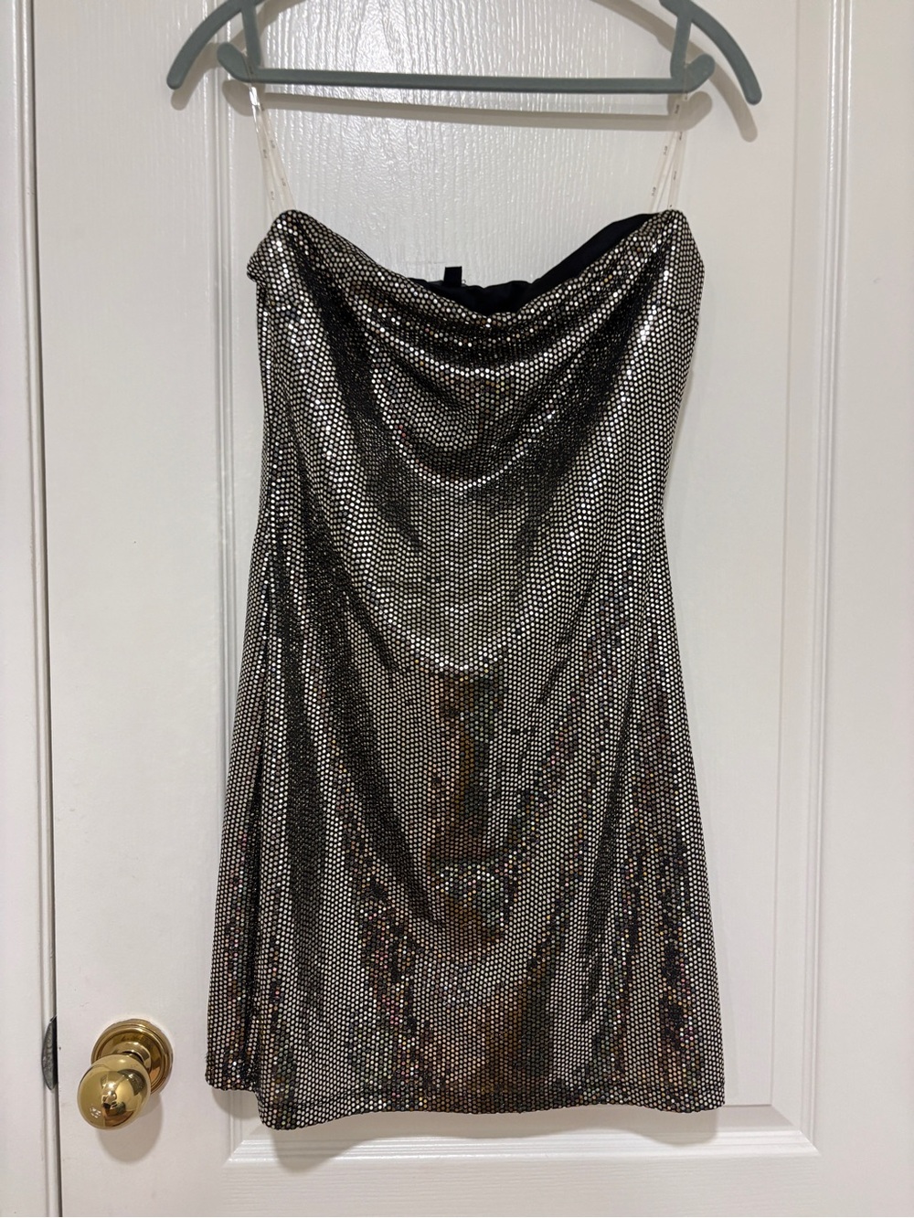 IRIS Black Silver Metallic Sequin Strapless Bodycon Mini Dress XL Party Club